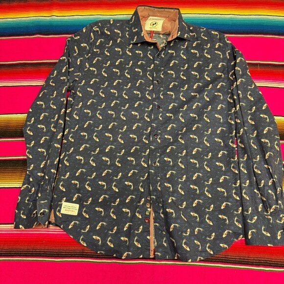 A Fish Named Fred Shirt Men S Koi Fish All Over Print Navy Flip Cuff Preppy - Picture 2 of 9